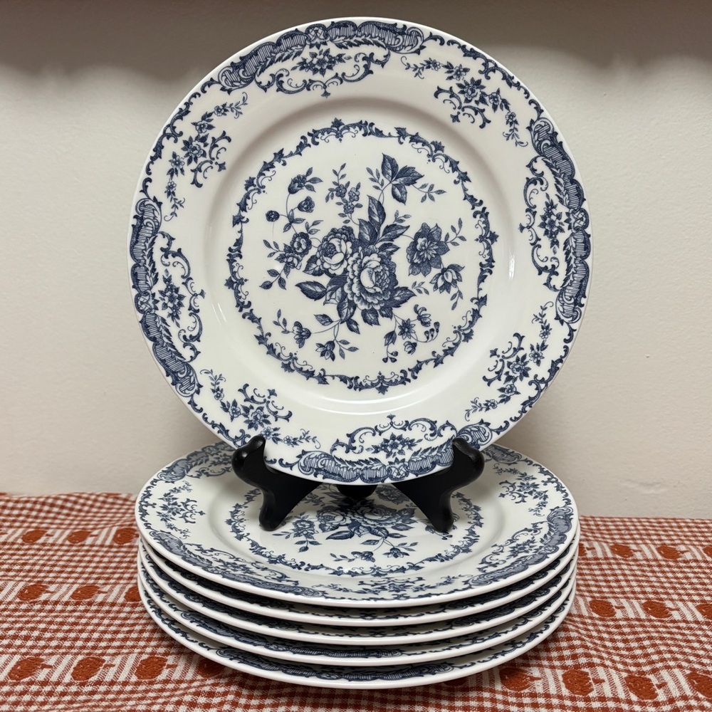 Blue Floral Rose 8.5 Inch Ceramic Salad Plates Microwave & Dishwasher Safe (6)